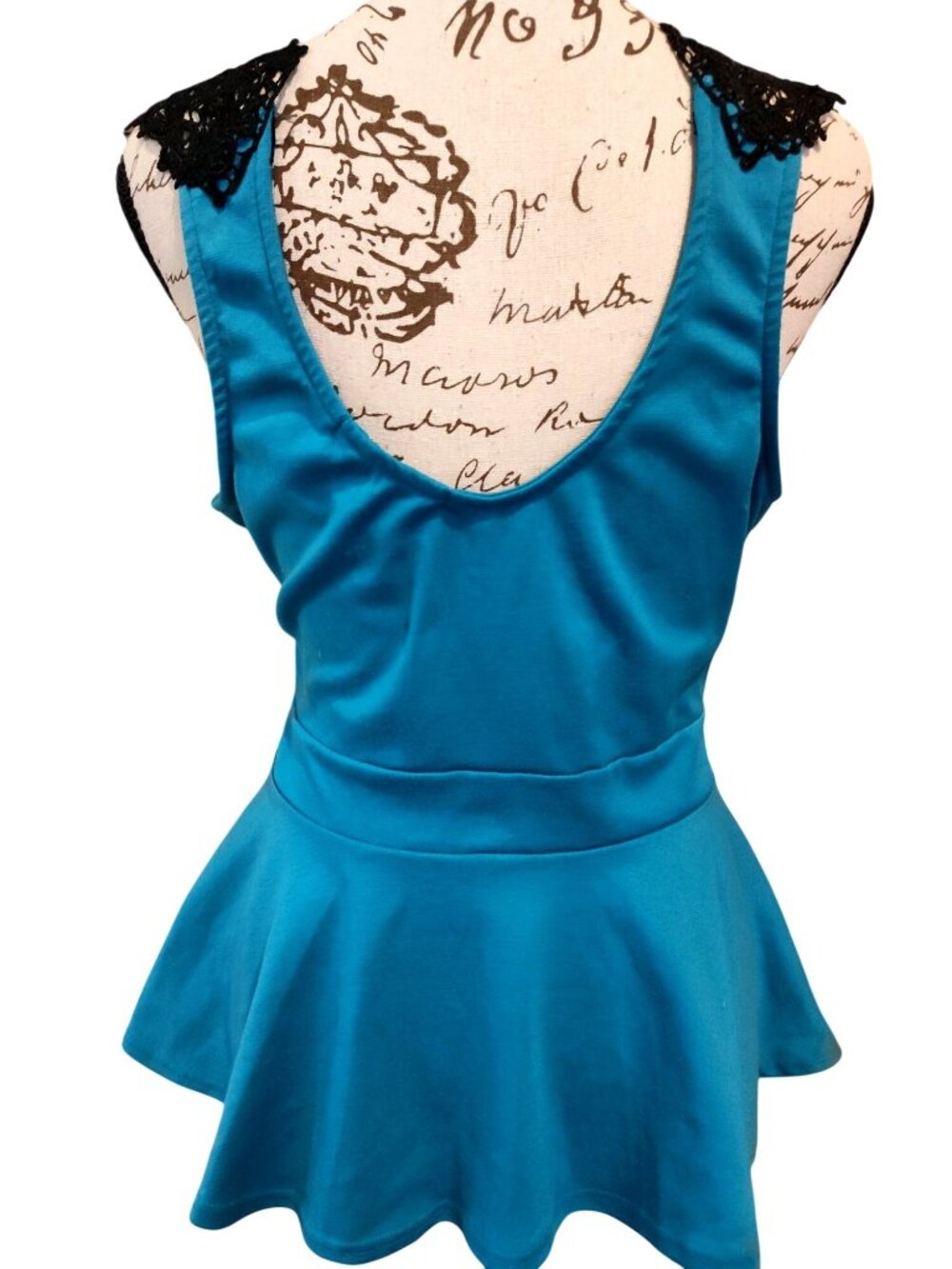 Teal Peplum Tank Top With Black Lace Overlay Womens Large By Julies Closet Polye - Picture 4 of 6